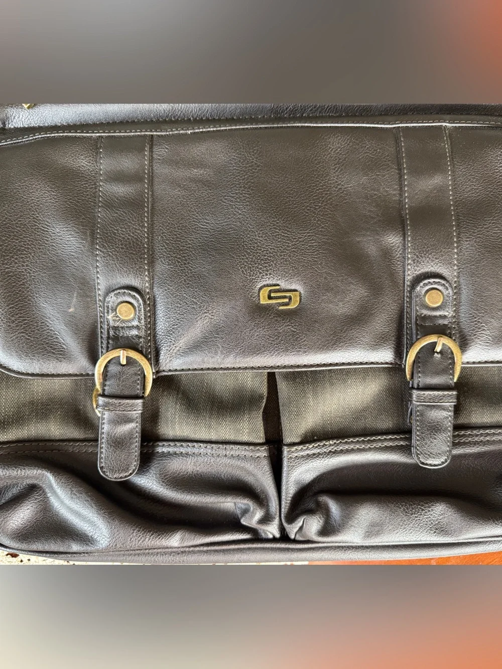 solo Brown Faux Leather Briefcase with Brass Accents